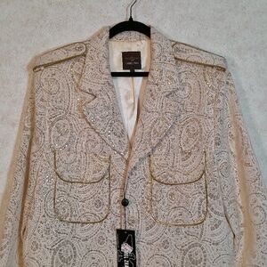 NWT Carmel Zhao Vintage Ivory&Gold lame Paisley Party Jacket w/Lining Mens Large